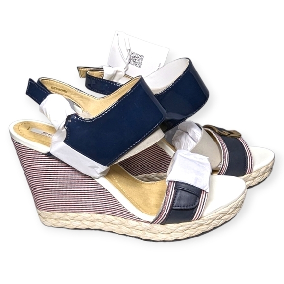 GEOX Wedges Sandals Patent Leather Braided  Donna Janira Navy Red Stripe NIB NEW - Picture 2 of 7